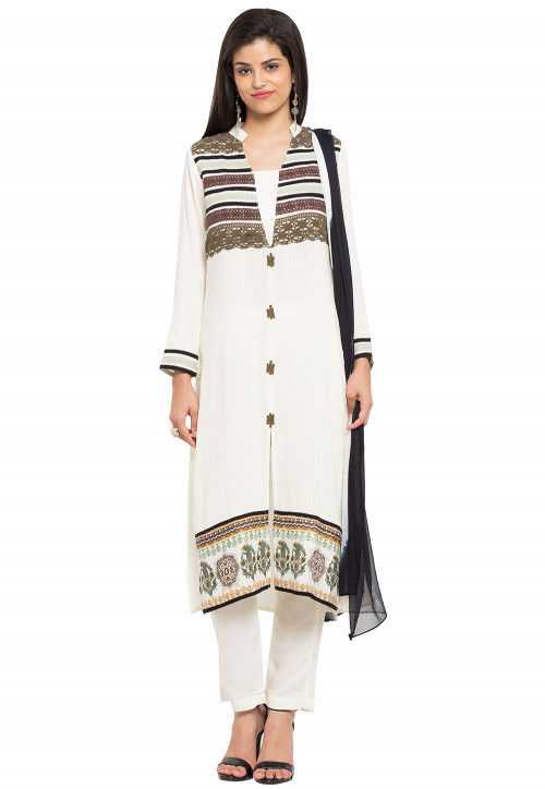 Printed Crepe Pakistani Suit in Off White