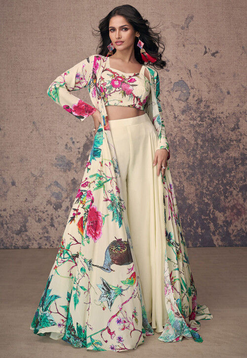 Printed Crepe Silk Crop Top Set in Light Green