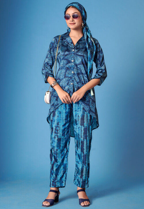 Printed Crepe Silk High Low Tunic Set in Blue