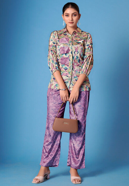 Printed Crepe Silk Top Set in Multicolor