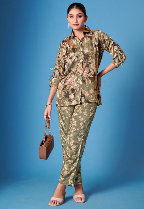 Printed Crepe Silk Top Set in Olive Green