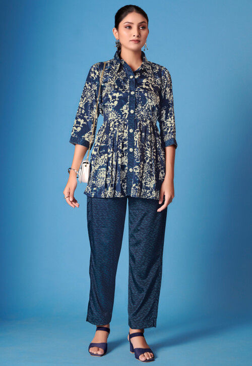 Printed Crepe Silk Tunic Set in Blue