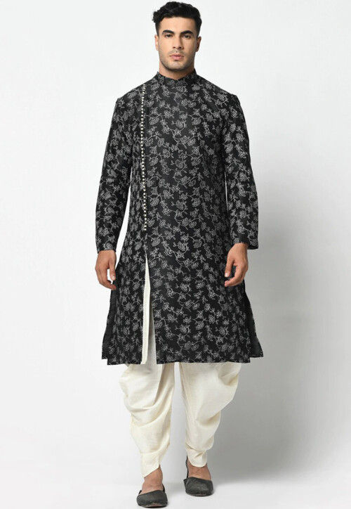 Printed Dupion Silk Dhoti Kurta in Black