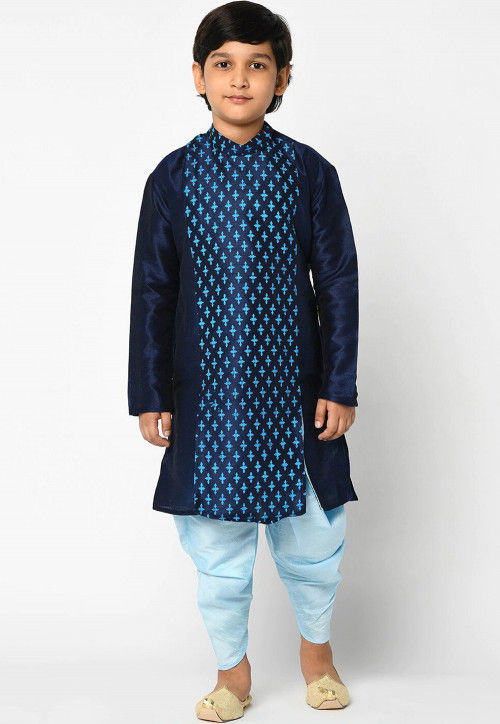 Printed Dupion Silk Dhoti Kurta in Navy Blue