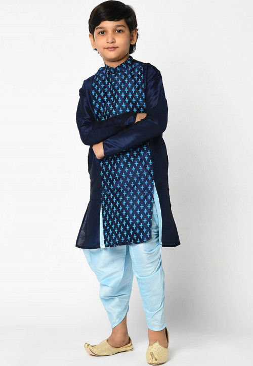 Printed Dupion Silk Dhoti Kurta in Navy Blue