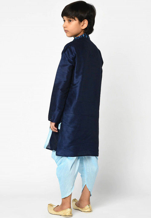 Printed Dupion Silk Dhoti Kurta in Navy Blue