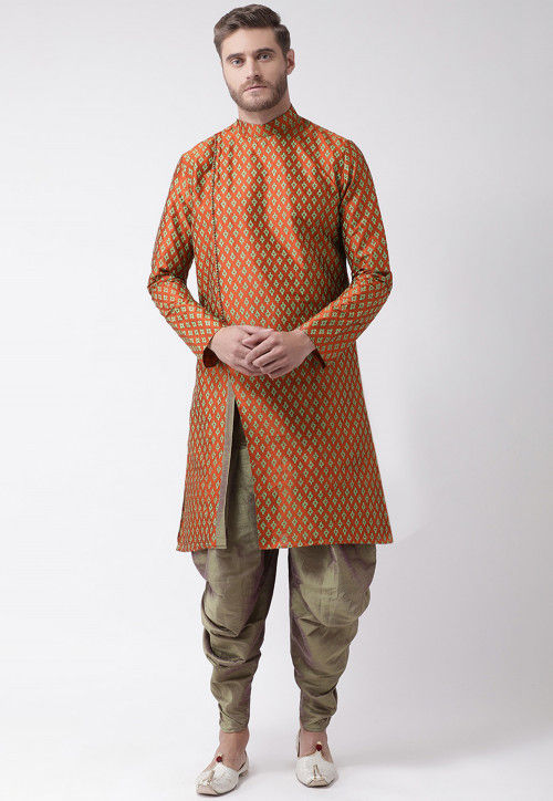 Printed Dupion Silk Dhoti Kurta in Rust