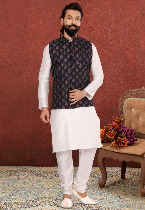 Buy Printed Dupion Silk Kurta Jacket Set in White and Black Online MDW99 Utsav Fashion