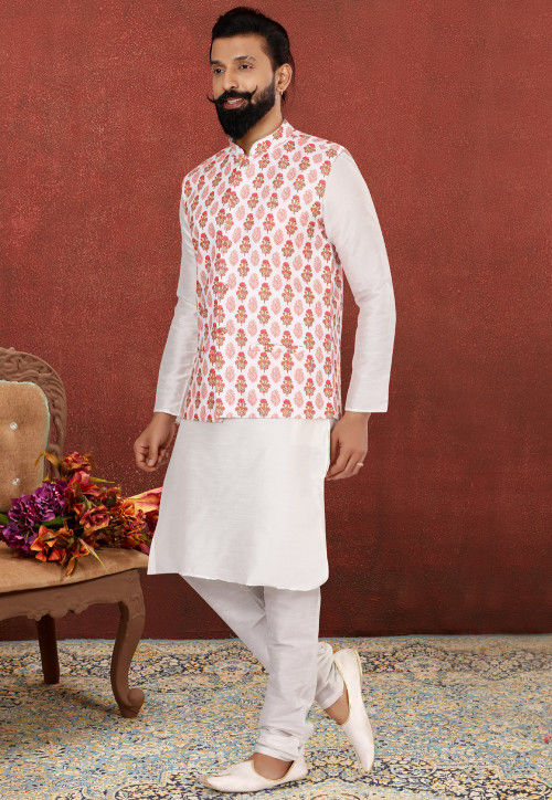 Printed Dupion Silk Kurta Jacket Set in White and Red : MDW101