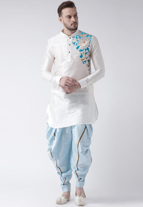 Printed Dupion Silk Kurta Set in White
