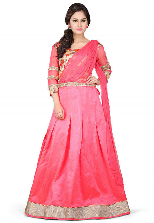 Plain Dupion Silk Lehenga in Pink