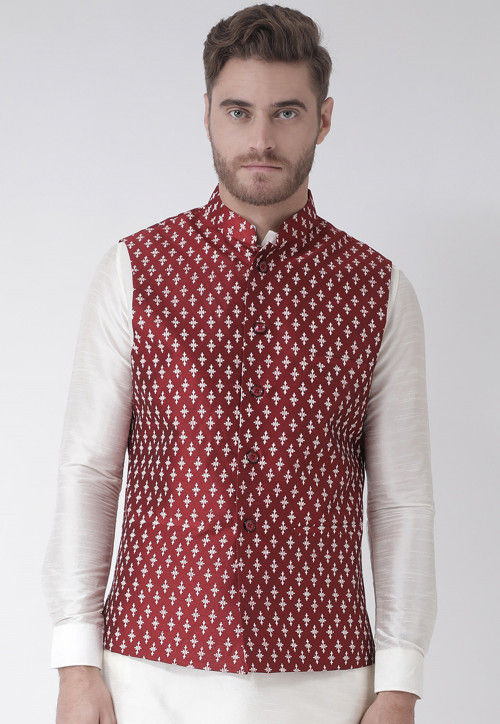 Printed Dupion Silk Nehru Jacket in Maroon