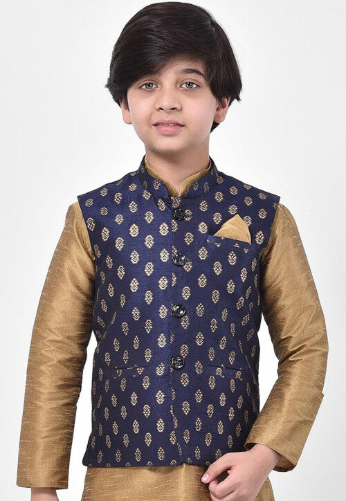 Printed Dupion Silk Nehru Jacket in Navy Blue