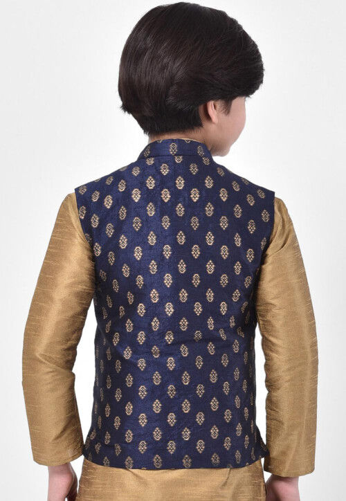 Printed Dupion Silk Nehru Jacket in Navy Blue
