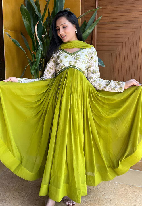 Printed Georgette Abaya Style Suit in Light Green