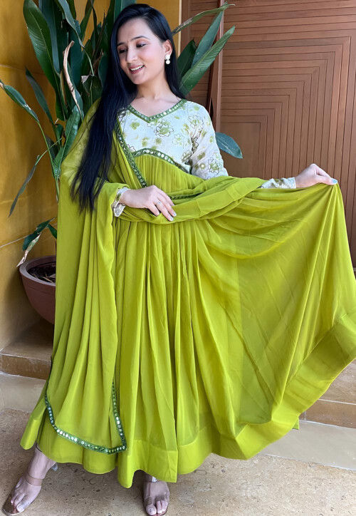 Printed Georgette Abaya Style Suit in Light Green