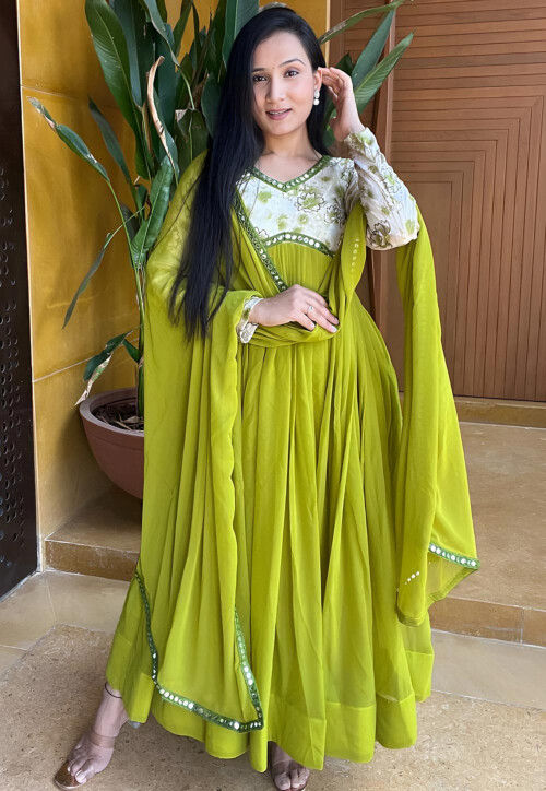 Printed Georgette Abaya Style Suit in Light Green