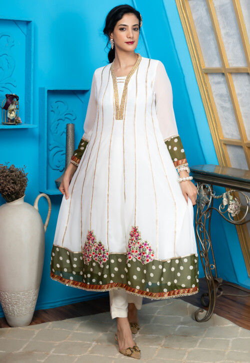 Printed Georgette Aline Kurta in Off White