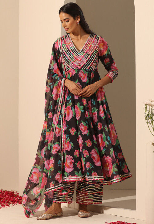 Printed Georgette Anarkali Suit in Black