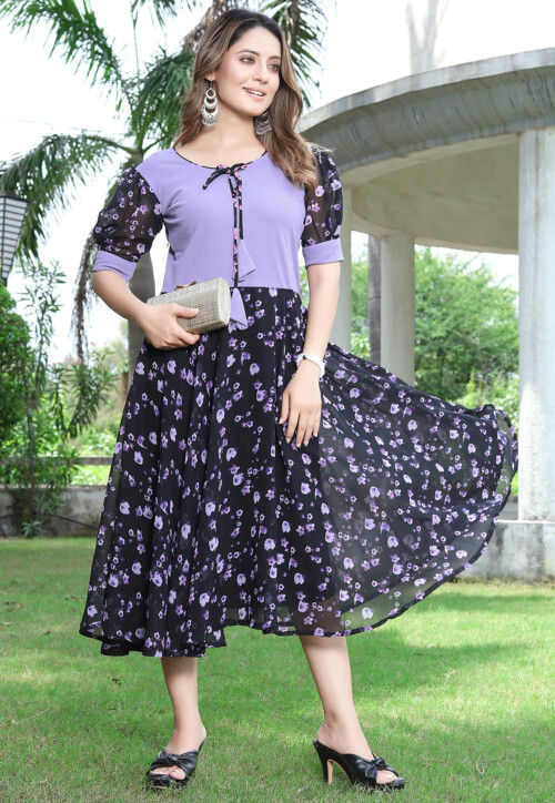 Buy Printed Georgette and Lycra Elastane Fit N Flare Dress in Black and  Purple Online : TGW4185 - Utsav Fashion