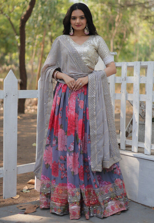 Printed Georgette Lehenga in Grey