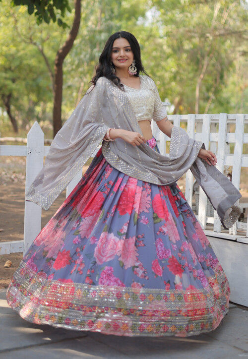 Printed Georgette Lehenga in Grey