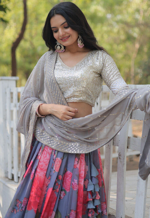 Printed Georgette Lehenga in Grey
