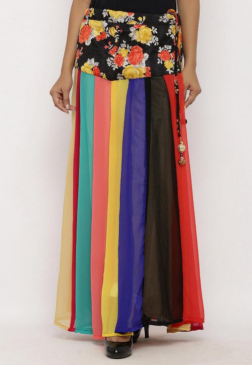 Printed Georgette Panelled Skirt in Multicolor