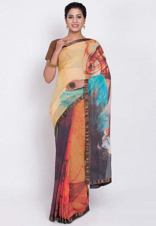 Printed Georgette Saree in Beige and Multicolor