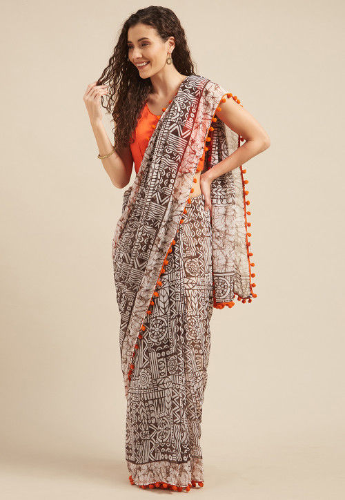 Printed Georgette Saree in Brown and Beige