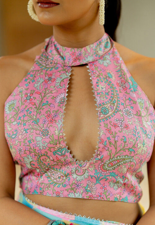 Printed Georgette Scalloped Saree in Multicolor