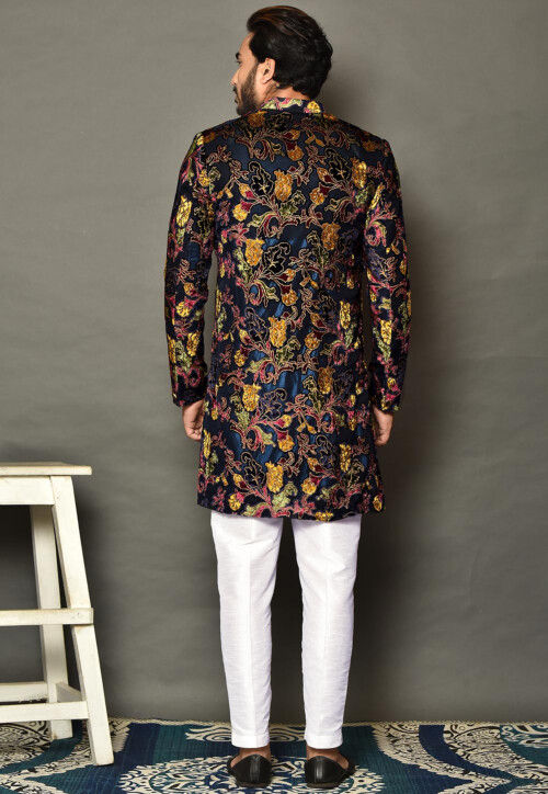 Printed Georgette Sherwani in Dark Blue