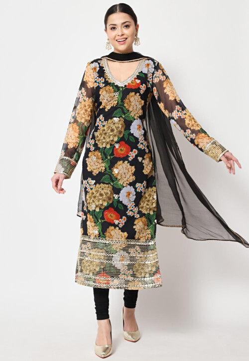 Printed Georgette Straight Suit in Black