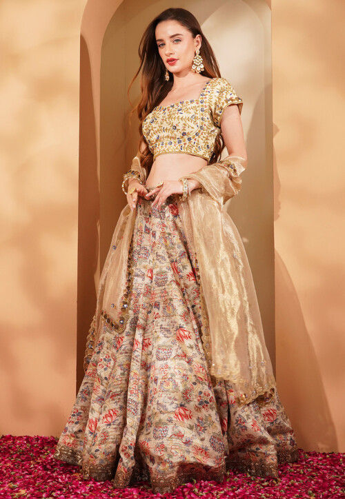 Printed Ghicha Silk Lehenga in Light Beige