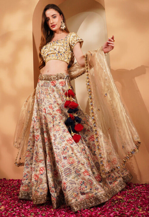 Printed Ghicha Silk Lehenga in Light Beige