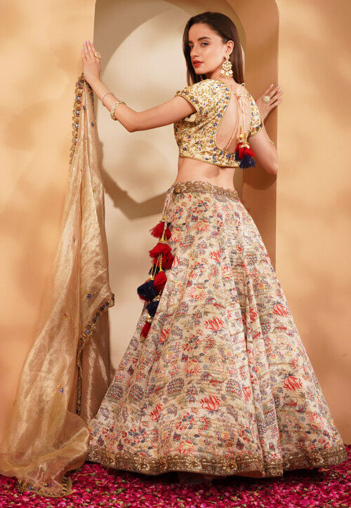 Printed Ghicha Silk Lehenga in Light Beige