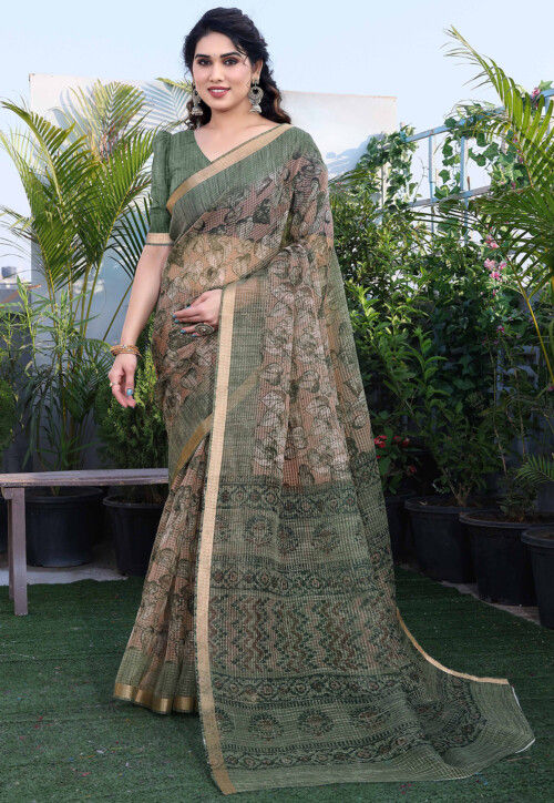 Printed Kota Doria Saree in Brown