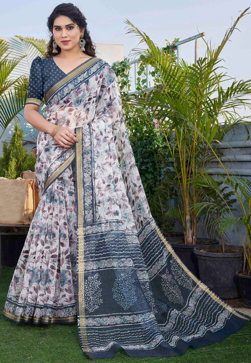 Printed Kota Doria Saree in White