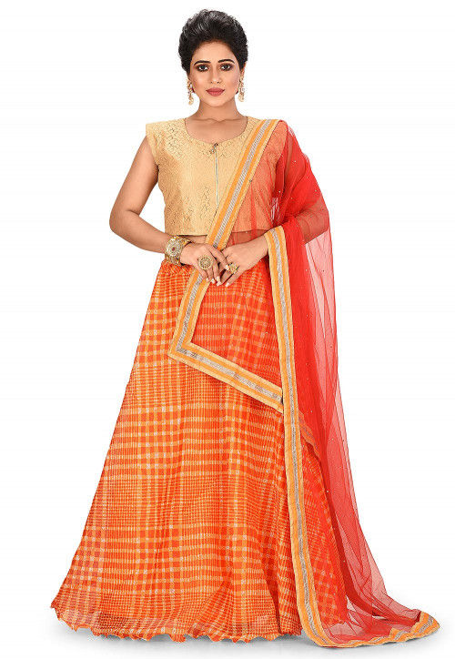 Printed Kota Silk Lehenga in Orange