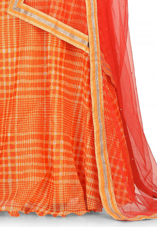 Printed Kota Silk Lehenga in Orange