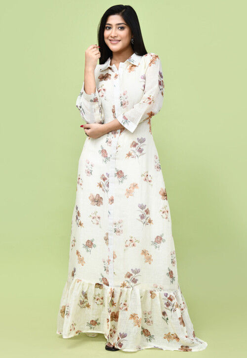 Printed Linen Cotton A Line Dress in Light Yellow