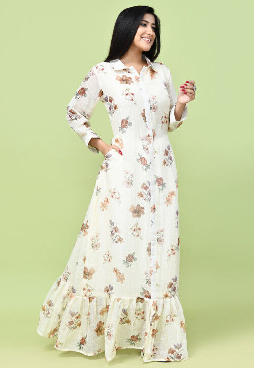 Printed Linen Cotton A Line Dress in Light Yellow