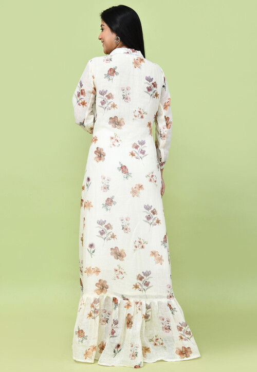 Printed Linen Cotton A Line Dress in Light Yellow