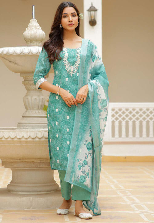 UtsavFashion Printed Linen Cotton Pakistani Suit in Sea Green