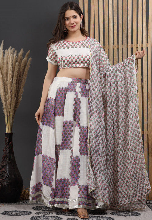 Printed Linen Lehenga in Off White