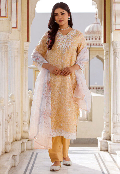 Buy Printed Linen Silk Pakistani Suit in Peach Online KJN4483
