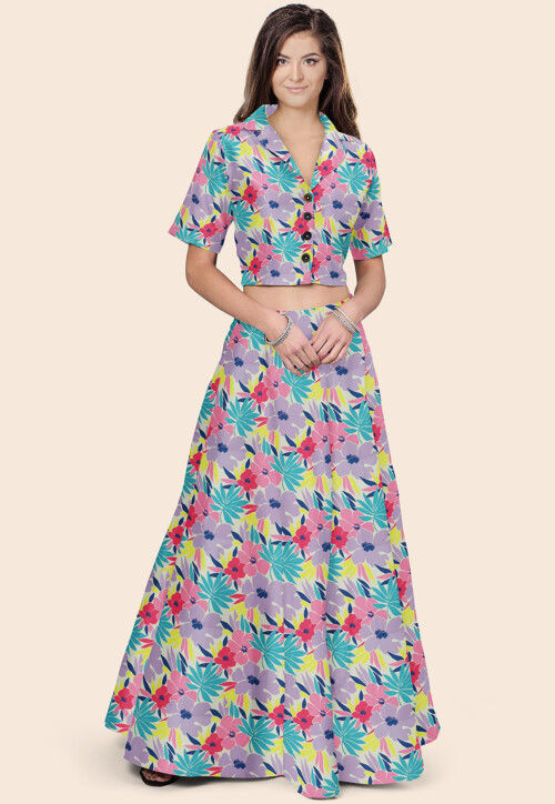 Printed Modal Satin Crop Top Set in Multicolor - Dresses