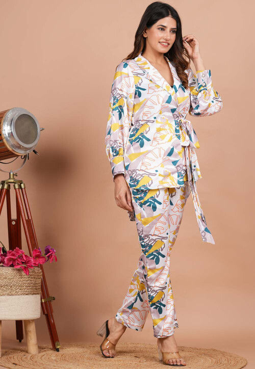 Printed Modal Satin Co Ord Set in Multicolor