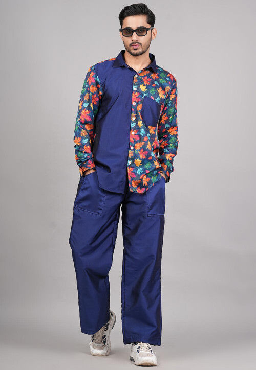 Printed Modal Satin Co Ord Set in Navy Blue