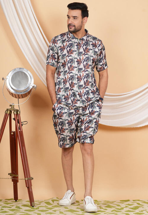 Printed Modal Satin Co Ord Set in Off White